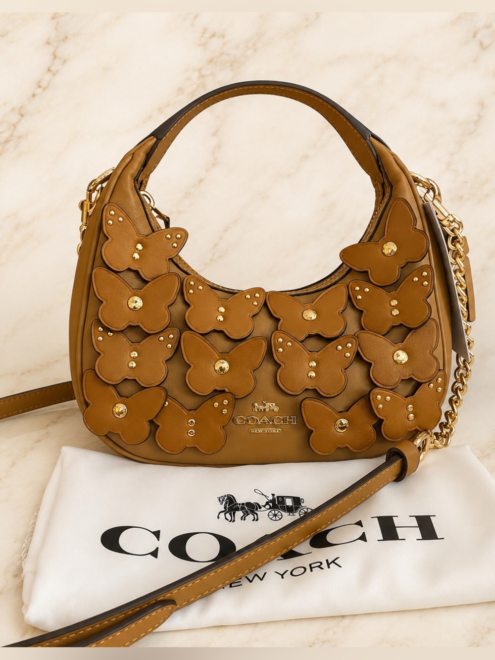 Coach Carmen Mini Crossbody Bag Butterfly Appliqué Leather Brown Gold